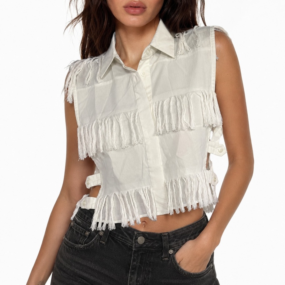Sea New York Cotton Fringe‎ Blouse Women's Size 6 White Sleeveless Side Button